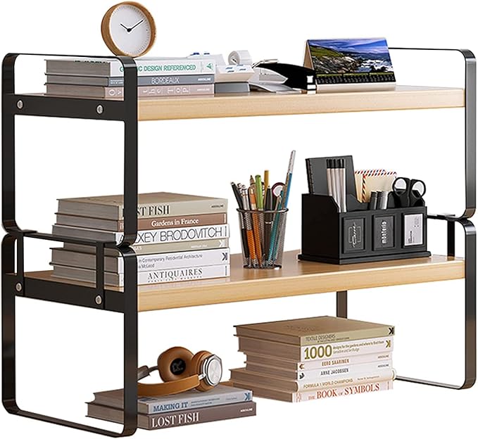 Joiena 2 Tier Desktop Bookshelf Plant Stand with Metal Frame Wood Board