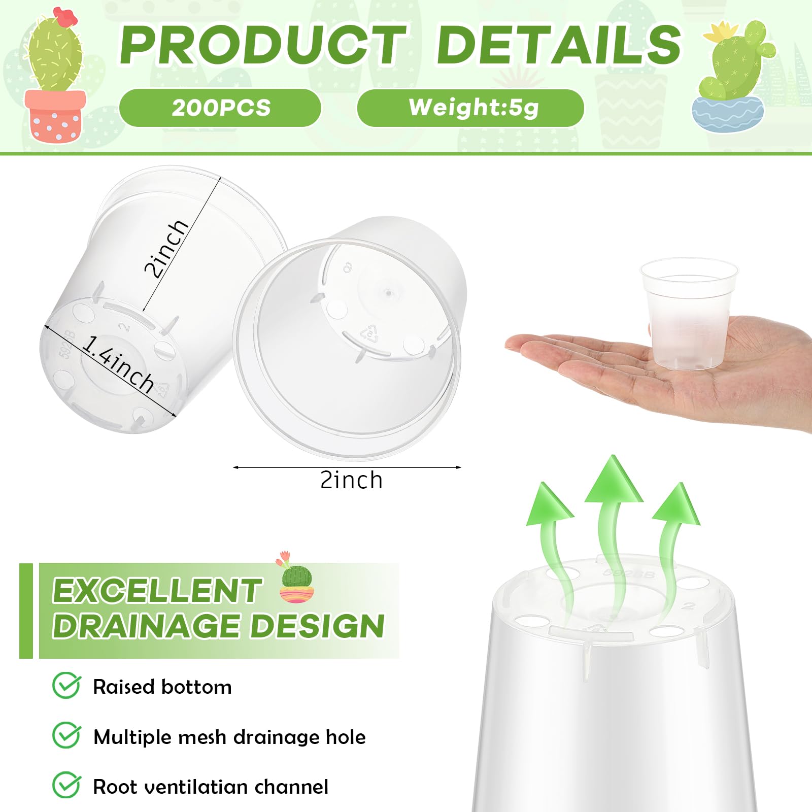 Yaomiao Lot de 200 Mini Pots de Fleurs en Plastique avec Trous de Drainage pour intérieur et extérieur (5,1 cm, Transparent)