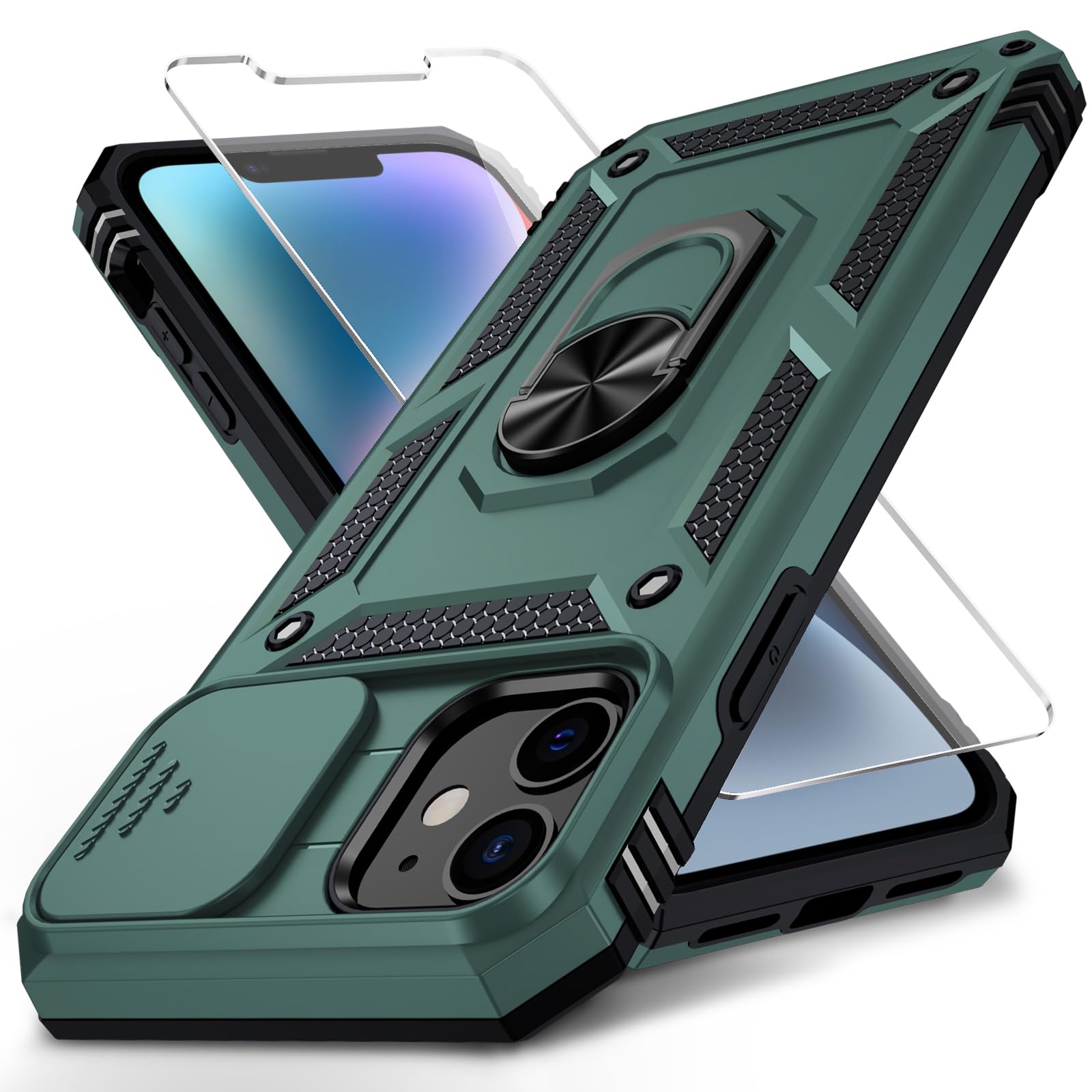 Weycolor for iPhone 12 / iPhone 12 Pro Case with Slide Camera Cover HD Screen Protector Heavy Duty Military Grade Shockproof Magnetic Ring Holder