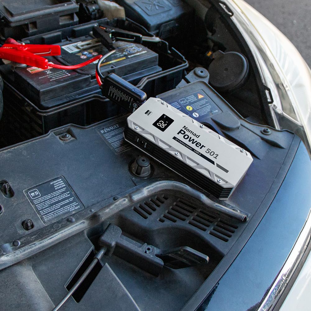 GYS, Nomad Power 501, arrancador/Booster batería de Litio portátil 1500A, vehículos de 12 V (Motocicleta, Coche), Arranque Seguro, batería Externa de 5,25 Ah (PowerBank), lámpara LED, Pantalla LCD