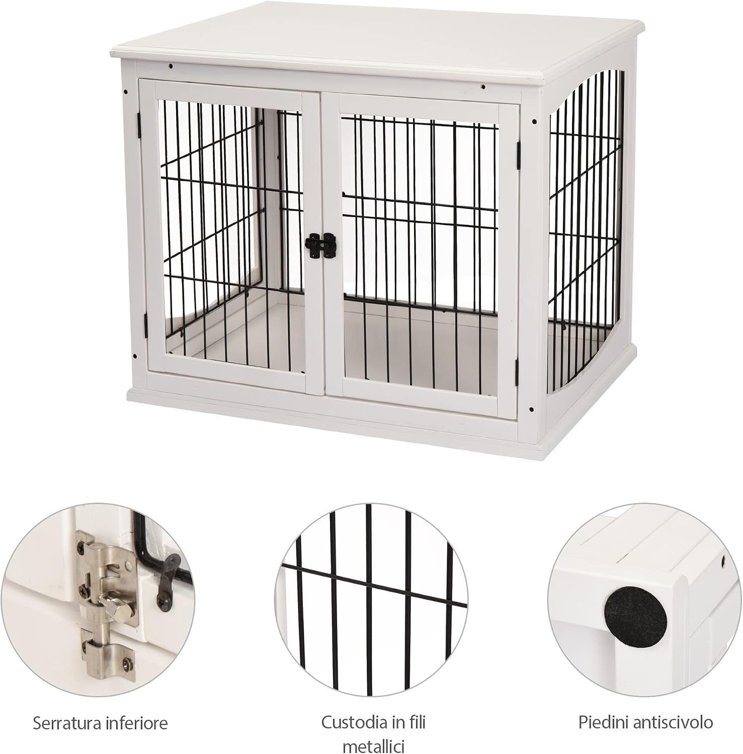 PawHut Indoor Dog House, Wooden and Metal Pet Cage with Double Door, 58 x 81 x 66 cm, White