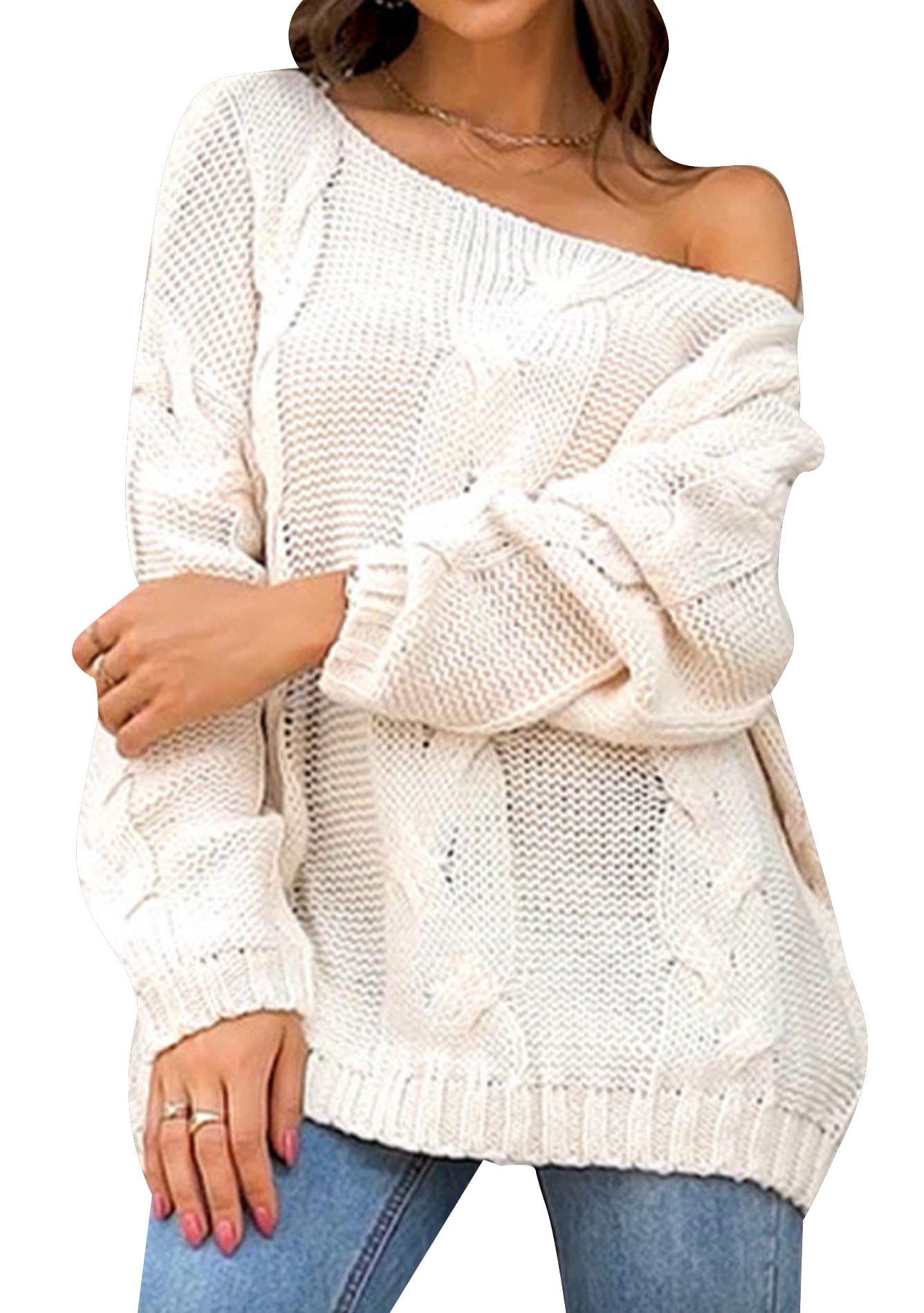 FLITAY Womens Batwing Sleeve Knitted Pullover Crochet Boat Neck Hollow Out Sweater Off Shoulder Loose Tops