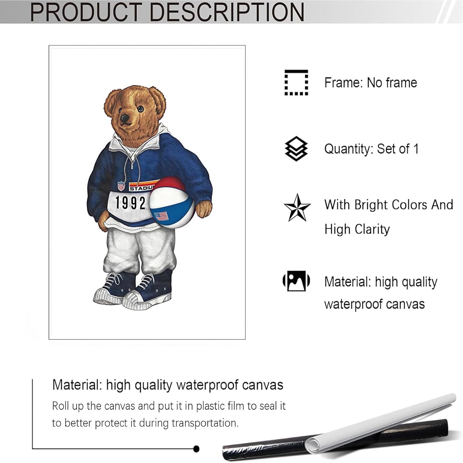 Trendy Basketball Bear Canvas Wall Art Funny Love Sports Fashion Bear Poster Funky Abstract Animal Magazine Picture Prints Painting For Home Bedroom Dorm Apartment Wall Decor 12x16in Unframed - Image 2