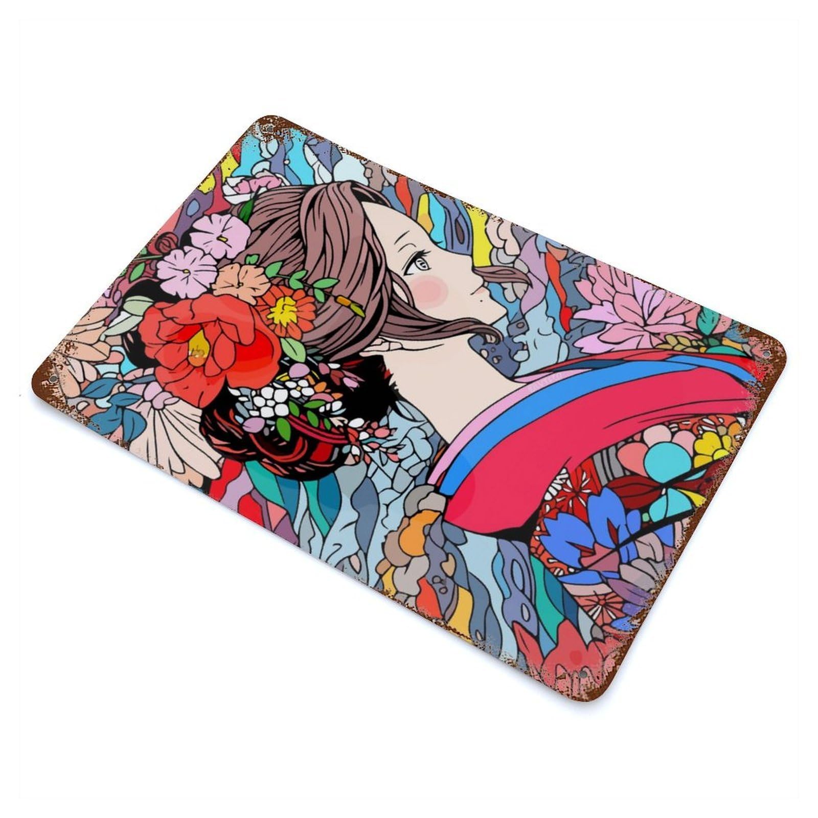 Japanese Kimono Flower Art Rusty Metal Tin Sign 11.8"x7.9", Ideal for Farmhouse, Kitchen And Entryway Decor