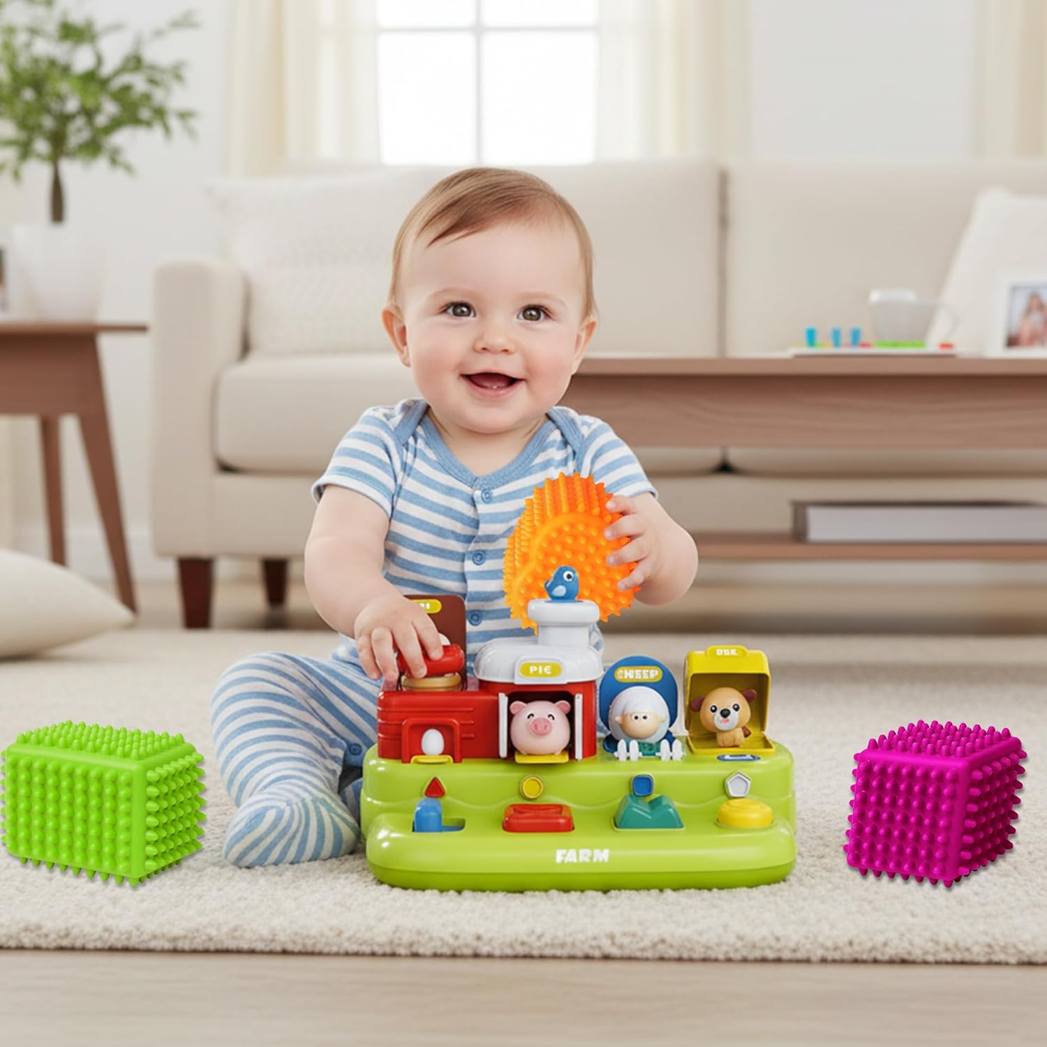 Baby Pop Up Toy with Music & Spiky Sensory Balls, Cause and Effect Pop Up Animal Toy and Soft Textured Teething Balls for Babies 6-12 Months, Montessori Development Toys for 1 Year Old Boys Girls
