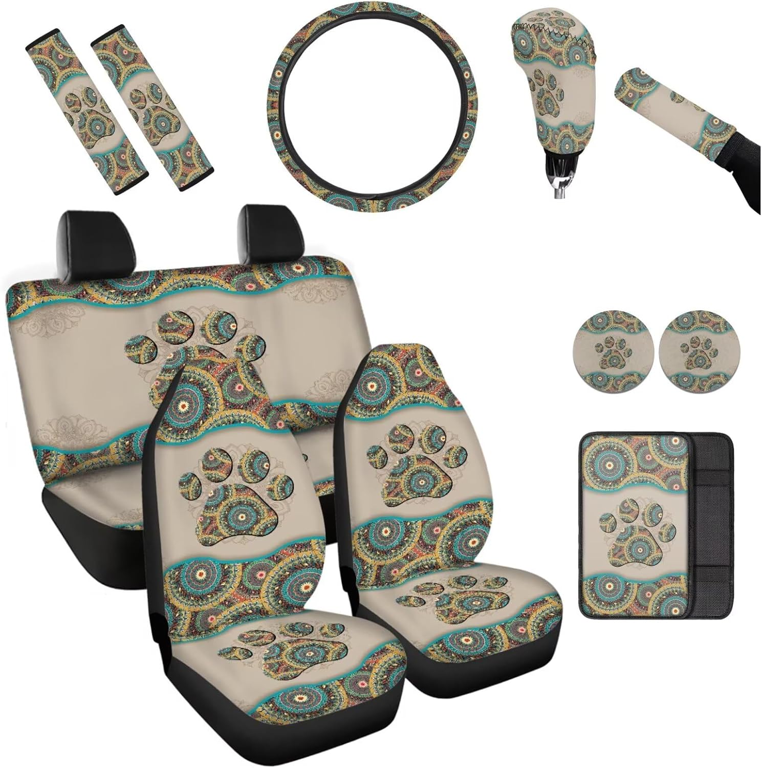 Saddle Blanket Car Seat Covers Full Set Boho Dog Paw Print Car Armrest Seat Box Protector All Season and Universal Fit Auto Interior Accessories Gear Shift Knob Cover Handbrake Cover Set