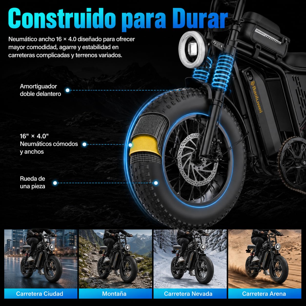 Bodywel Bicicleta Eléctrica de Carretera Adultos, M16Pro 16x4.0” Bicis Electricas de Montaña, Ebike con Batería 48V 15Ah, Motor 250W, 80 km Autonomía (Pas), Pantalla LCD, Suspensión Completa