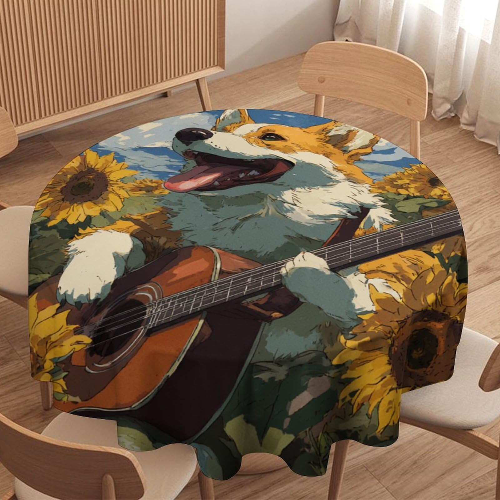 LUYYSKY Vintage Realistic Puppies Waterproof Round Tablecloth Colorful Watercolor Spring Farm Sunflowers Animals Dogs Pattern Washable Table Cover for Kitchen-177.8" Wx177.8 L cm