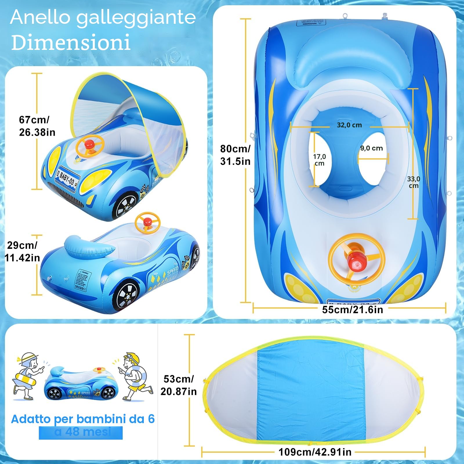 Salvagente Neonato Forma a forma di auto Tetto parasole Protegge dai raggi del sole Sedile sicuro e comodo Tromba giocattolo Regali d'acqua estivi Piscina Bambino 6-36 mesi