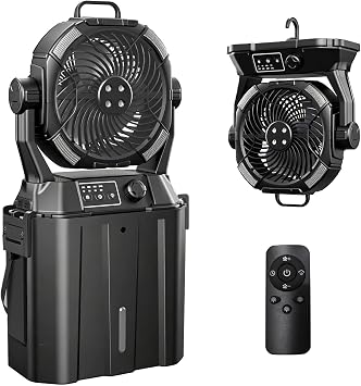 Wilody Portable Misting Fan 20000mAh Rechargeable Battery, 6L Bucket Outdoor Mist Fans Patios Cooling, Camping Fan with LED Light Modes & Stepless Speed Control, 4 Spray Mister, Timer FunctionBlack
