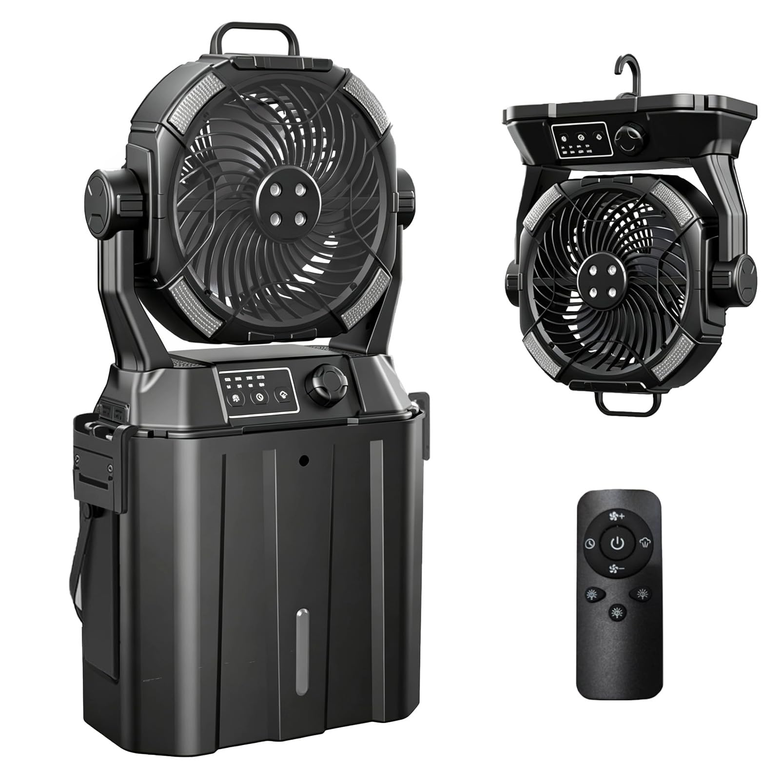 Photo 1 of Wilody Portable Misting Fan Rechargeable with Remote Control, 6L Bucket Camping Fan with LED Lights & Stepless Speed Control & Cooling Mist, Portable Handle & Rotate Hook, Timer Function