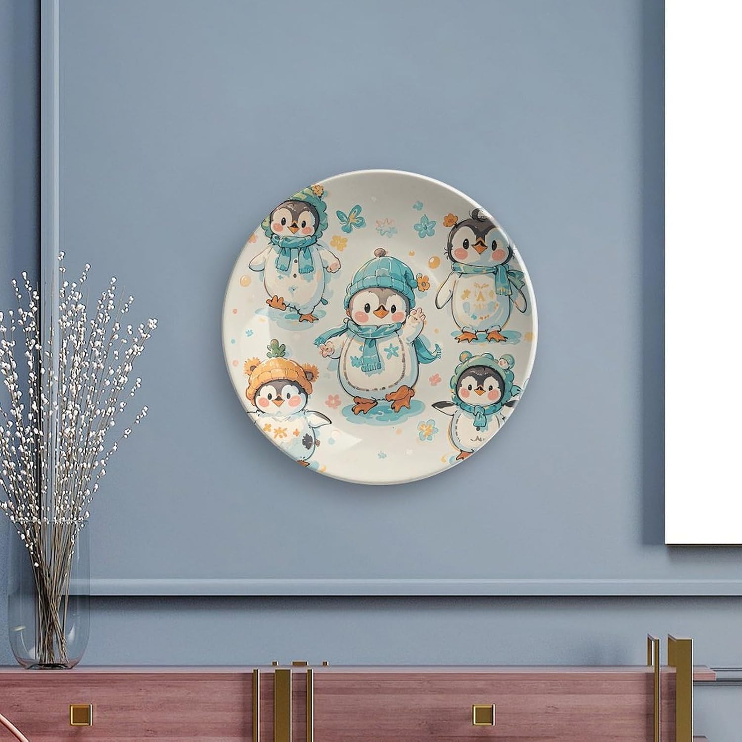 Ceramic Decorative Plates Many Cute Baby Penguins Sketch Decorative Plate with Display Stand Cabinet Display Plates Personalized Ceramic Plates for Home Decor 7inch image 5