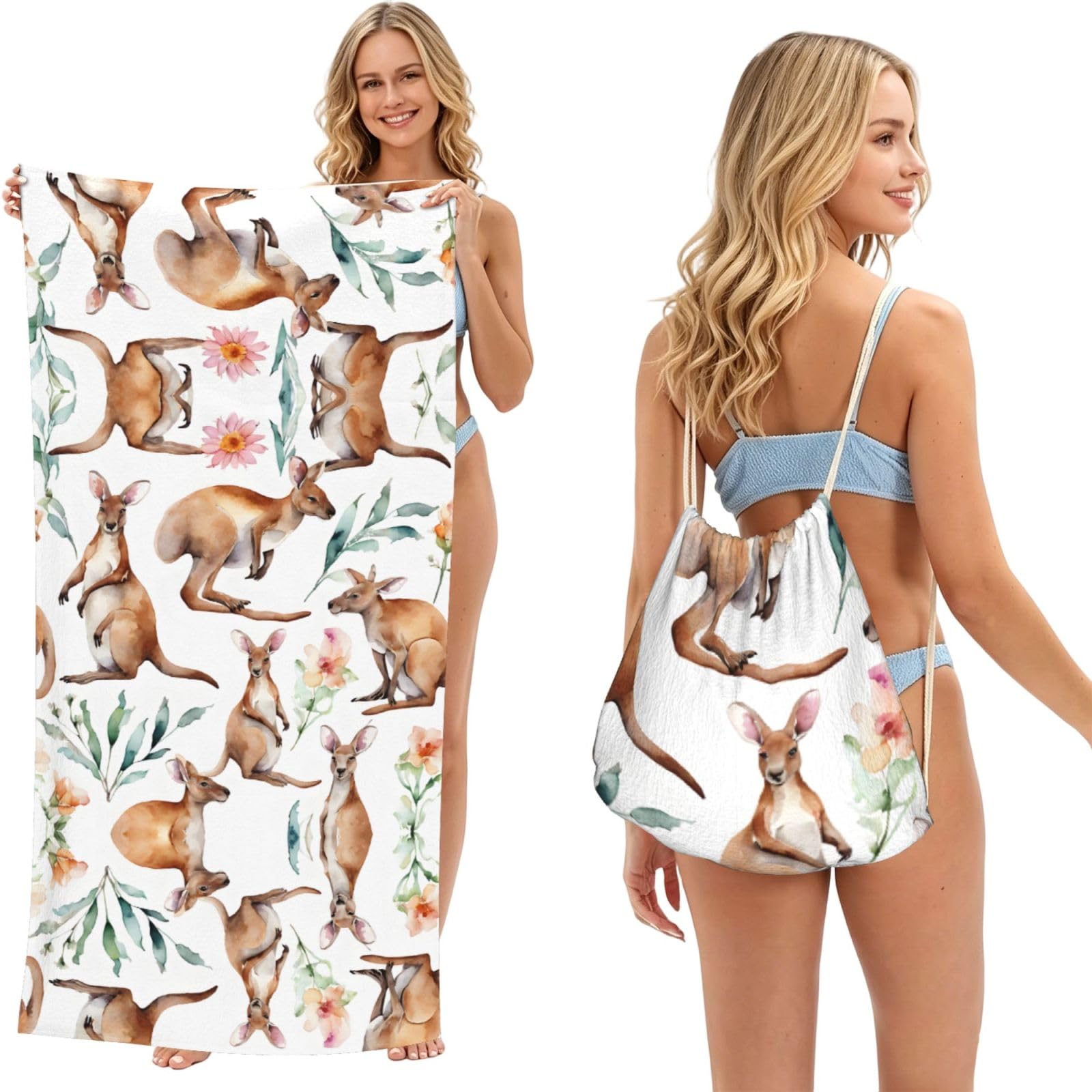 ESNAIUVCD Funny Cartoon Kangaroo Zoo Print Beach Towel For Adults,Towel With Drawstring Bag, Travel Pool Swimming Sports Shower Sand Free Quick Dry Bath Towel For Pool, Beach, Yoga- 180x60cm