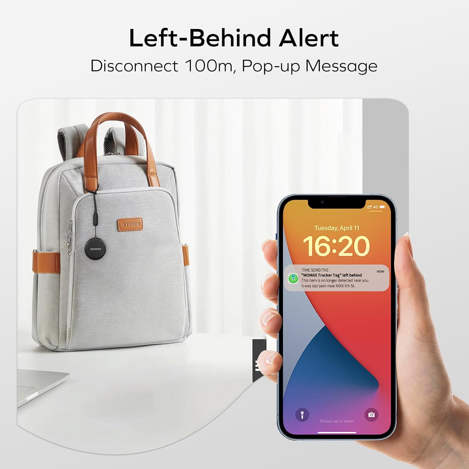 A smartphone displaying a 'Left-Behind Alert' notification, with a backpack containing the MOMAX Smart Tracker Tag di latar belakang.