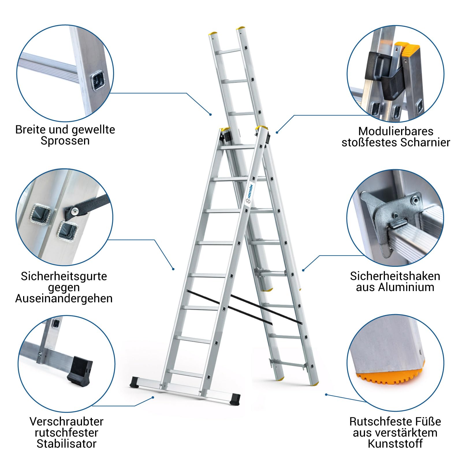 HOSTRÖM Ausziehbare Leiter, 3 Ebenen, StablePro, 3 x 8 Stufen, Aluminium, ausziehbar, verschiebbar, 6 Positionen, Arbeitshöhe max. 5,05 m