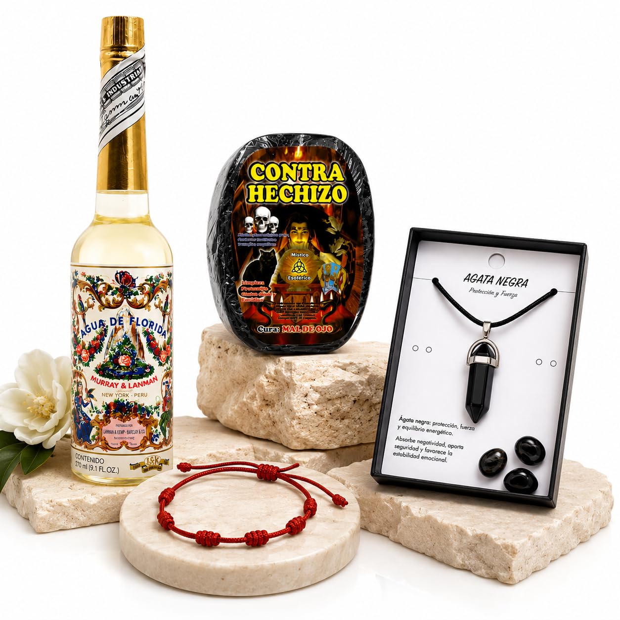Florida Agua de Perú Original Pack con Jabón contra hechizo Mal de Ojo, Piedra Agata Negra y Pulsera Roja 7 Nudos .Murray Y LanMan. Amarilla.