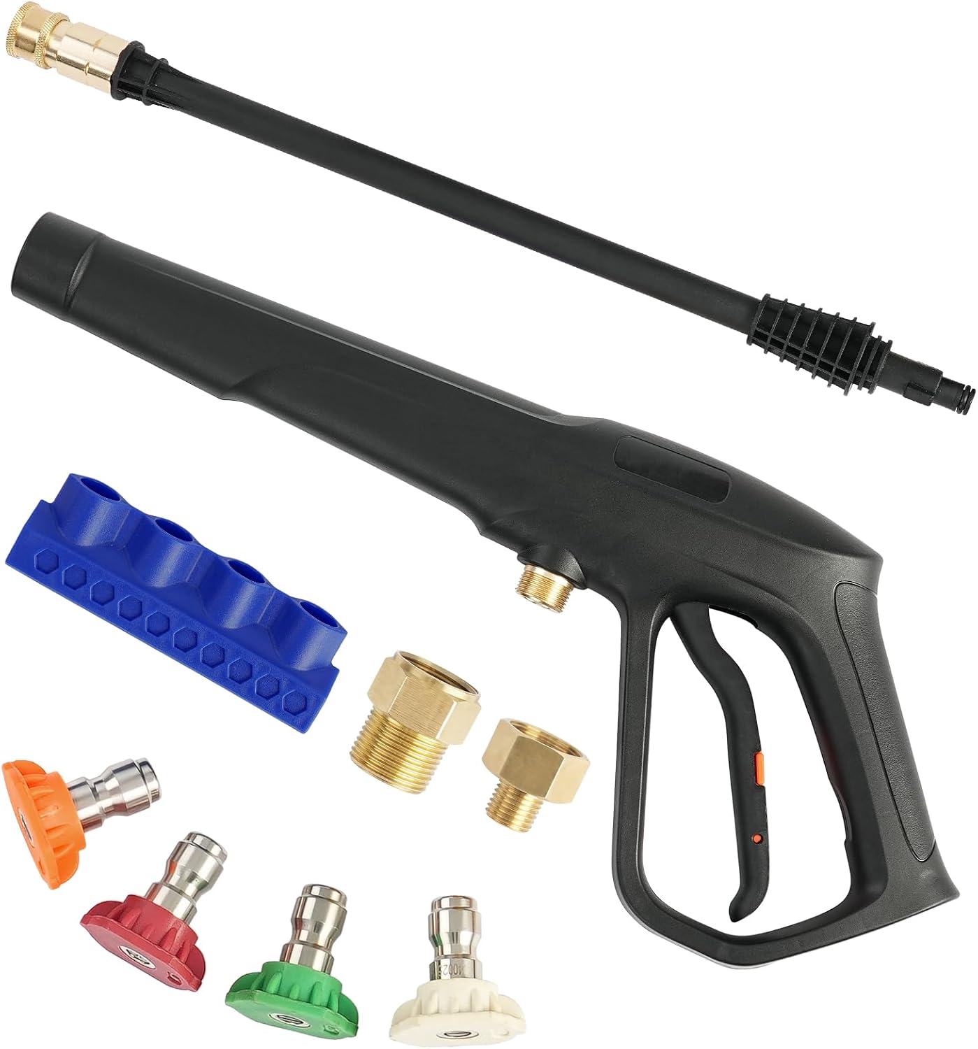 Pressure Washer Gun Set, Max W.P. 2320PSI, B.P. 5000PSI, Replacement for Ryobi Powerstroke Greenworks, M22-14mm & M22-15mm Fitting, 4 Stainless Steel Nozzle Tips & Holder