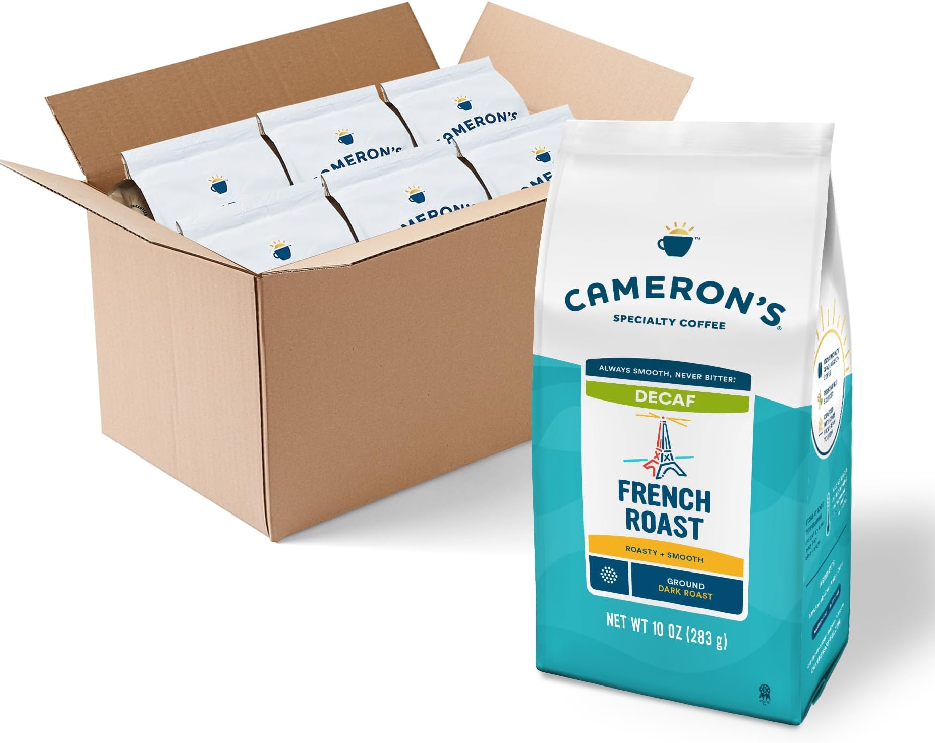 Cameron's Coffee Roasted Ground Coffee Bag, Decaf French Roast, 10 Ounce, Pack of 6 - NEW