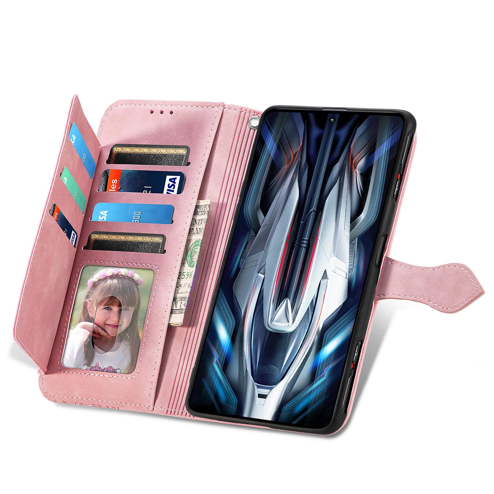 Custodia Flip Con Portafoglio Per Oppo A77 5G, In Pelle PU Con Chiusura Magnetica, Tasca Con Cerniera, 7 Slot Per Carte, Cinturino Da Polso E Supporto, Colore Rosa Goffrato Fiore.