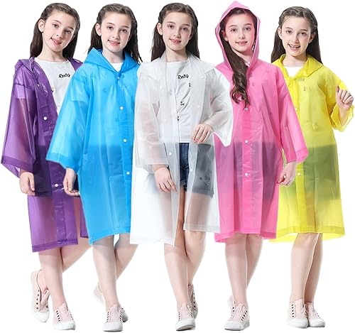YUNLOVXEE Rain Poncho for Kids Raincoat, 2-5 Pack Reusable EVA Rain Coats for 6-14 Boys Girls, Rain Jackets Gear with Hood