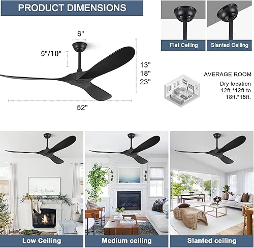 Miniatura 6 de ABZ Ventiladores de techo sin luces, ventiladores de techo modernos de 72 pulgadas sin luces con control remoto, ventiladores de techo negros de