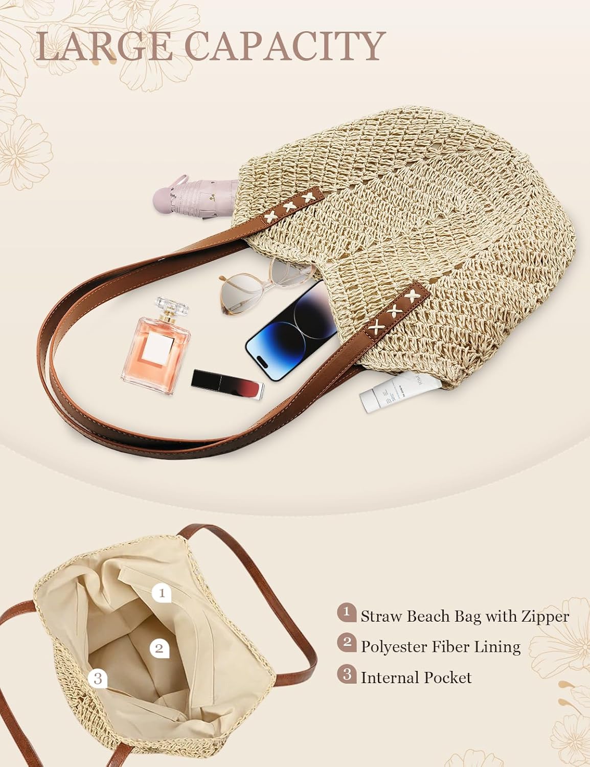 Beach Bags for Women with Zipper, Large Straw Bag Woven Tote Bag Straw Shoulder Bag for Summer Vocation - Image 4