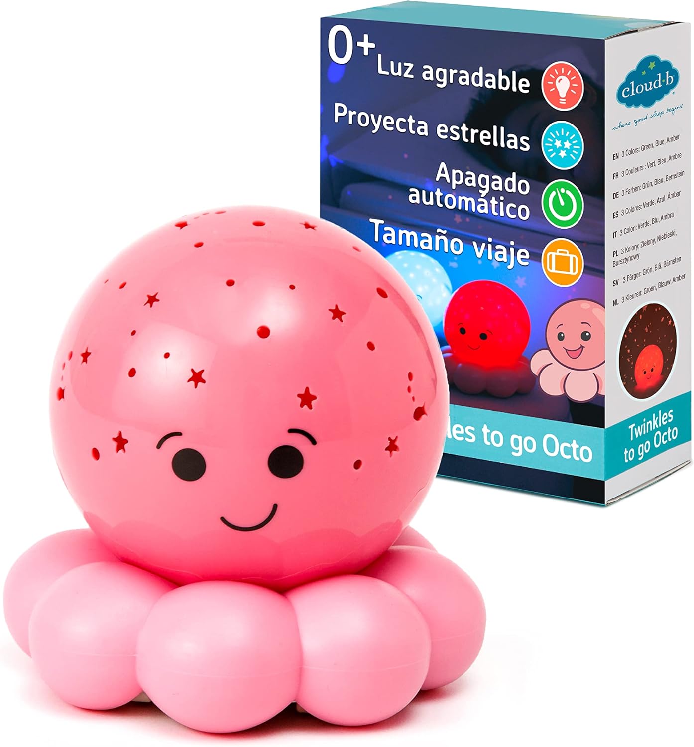 Cloud B Proyector Nocturno Relajante Tamaño De Viaje | Luminosidad Suave | 3 Colores | Apagado Automático | Octo Baby Rosa Tamaño Viaje Pulpo Star