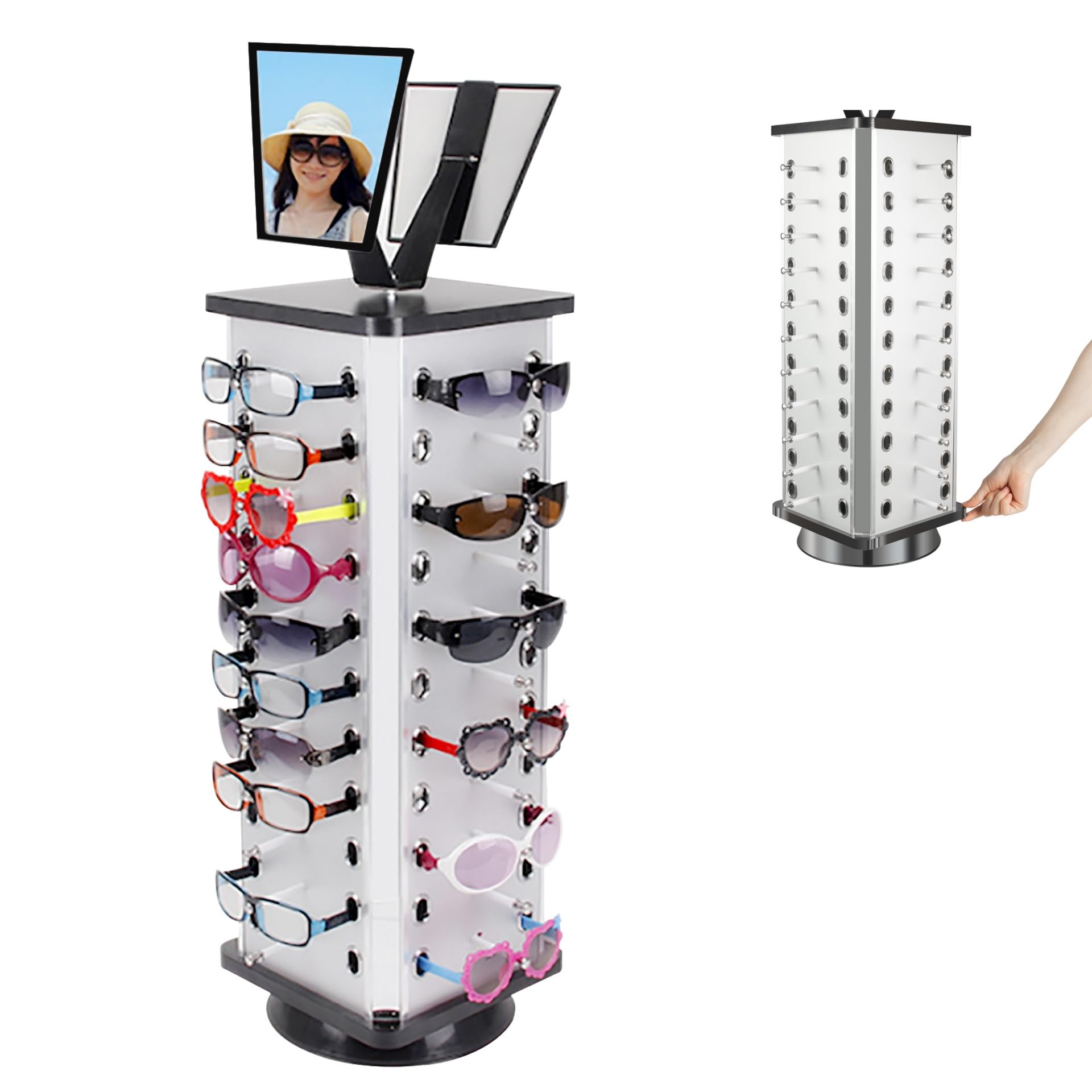 Soporte giratorio para gafas con rotación de 360° y espejo, soporte de metal fuerte organizador para 44 pares de gafas/gafas de sol, soporte de diseño negro, 23 x 86 cm, capacidad de carga de
