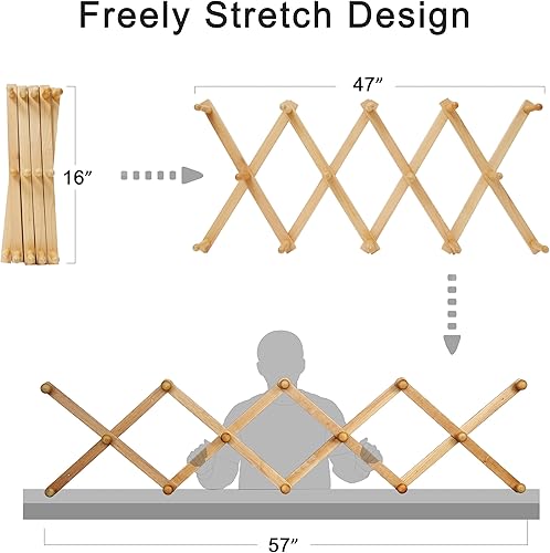 Miniatura 6 de SKOLOO Perchero de pared de acordeón, paquete de 2, moderno perchero expandible montado en la pared, de madera maciza, 14 clavijas, nogal oscuro