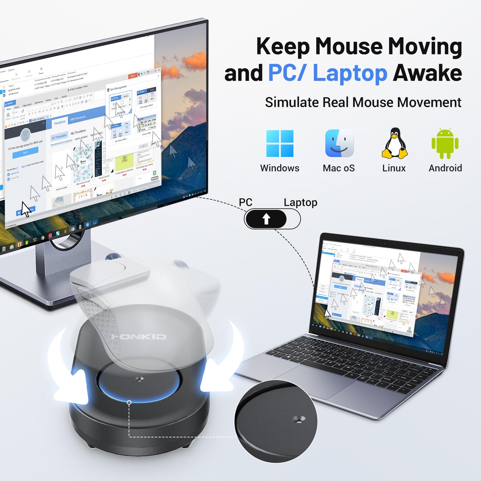 HONKID Jiggler de ratón indetectable con interruptor de encendido/apagado y puerto USB sin unidad, simula el movimiento físico automático del mouse, evita que la computadora portátil esté