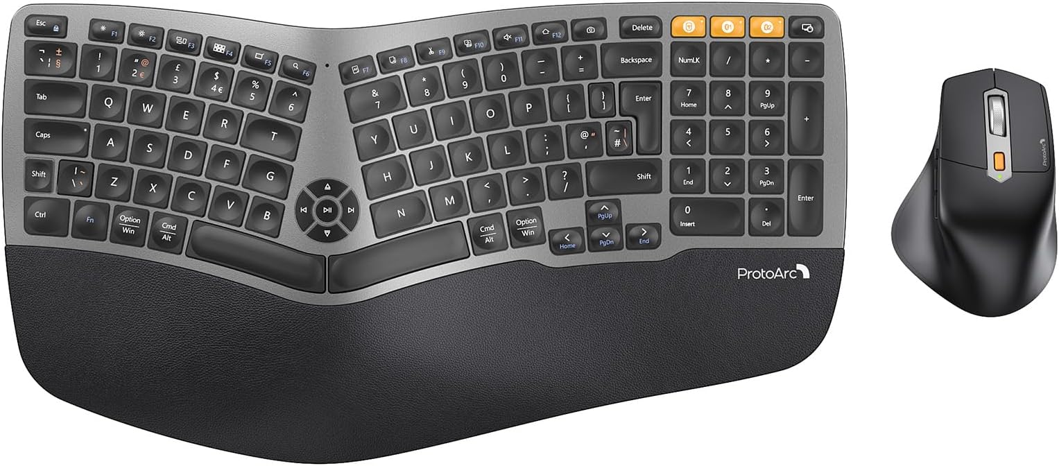ProtoArc EKM01 Ergonomic Wireless Keyboard and Mouse, Ergo Bluetooth Keyboard and Mouse Combo, Split Design, Palm Rest, Multi-Device, QWERTY UK Layout, Windows/Mac/Android - Space Grey