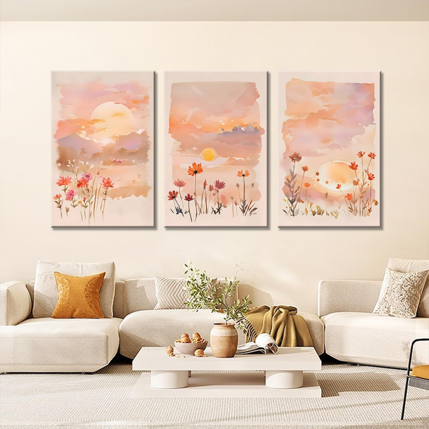 Eysintum 3 Panel Blush Sunset Wall Art, Watercolor Floral Canvas Prints, Wildflower Landscape Artwork, Boho Aesthetic Pink Nature Decor for Bedroom Living Room Home Office, Rustic Botanical Art, Ready to Hang 12x16in