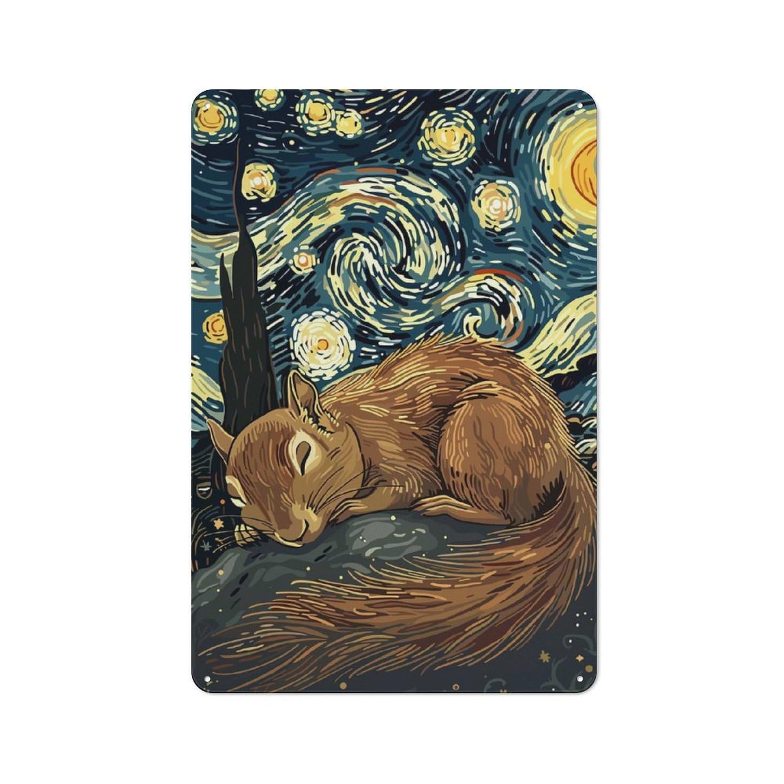Junmoney Squirrel Sleeping Under Starry Night Sky Metal Plaque 30X20cm With For Garage Wall, Retro Decor, For Garage Decor Collectors Refreshing A Room In Autumn