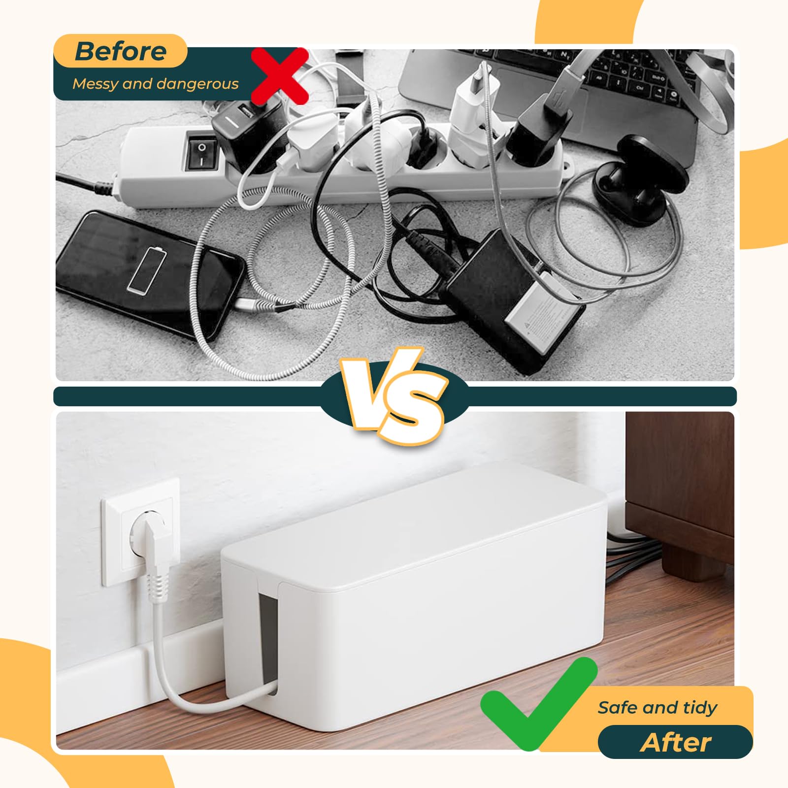 Plegable Caja Organizadora Cables, Caja Cables Organizador de Plástico para Ocultar Enchufes Eléctricos, Antideslizante, Apto para Oficina y Hogares, Blanco (40 x 14,5 x 12,7 cm) - 5