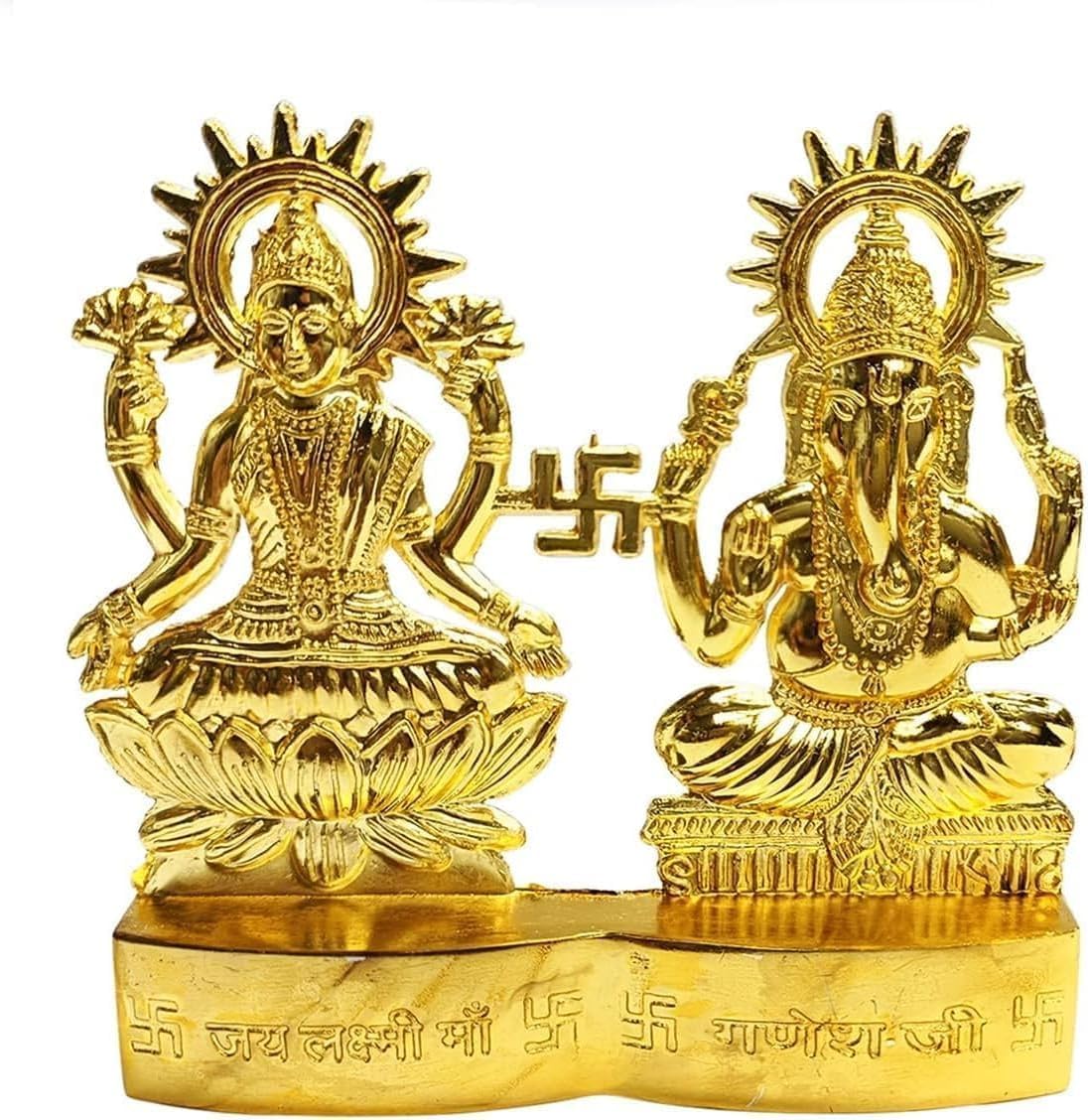 LYFJOY Swastik Laxmi Ganesh Gold Plated Statue Diwali Puja Spiritual Gift Idol Murti 4 Inch High for Pooja/Home Decor/Gift