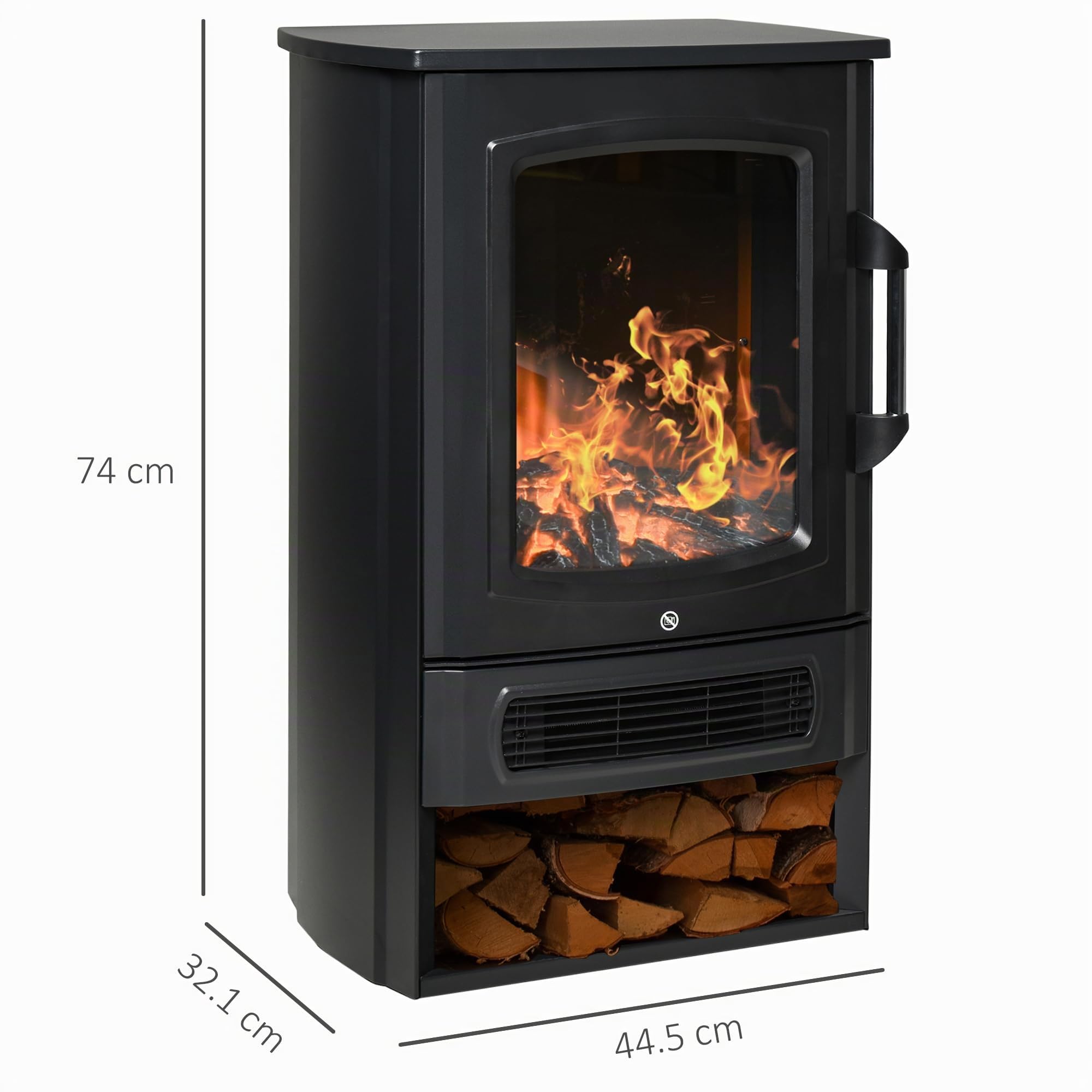 HOMCOM Camino Elettrico con Fiamma Realistica, Portalegna, 20-25㎡, Nero | Caminetto Elettrico, Protezione da Surriscaldamento, Termostato, Temperatura Regolabile, Acciaio, Vetro Temperato