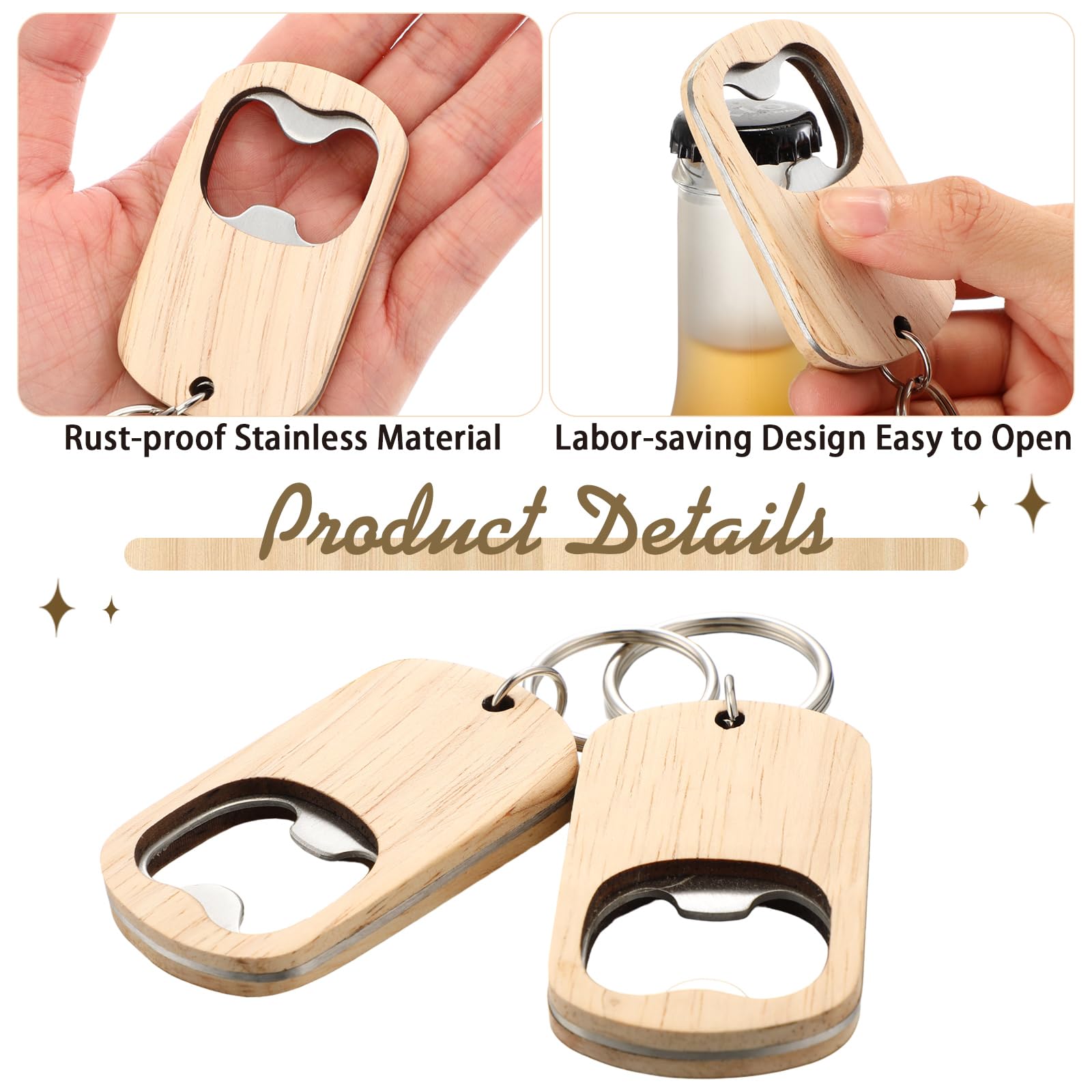 Jingmore 25 Pcs Wooden Bottle Opener Keychain Blanks Unfinished Wood Openers for Laser Engraving DIY Gifts Wedding Birthday party Favors(Classic Style,Natural Color)