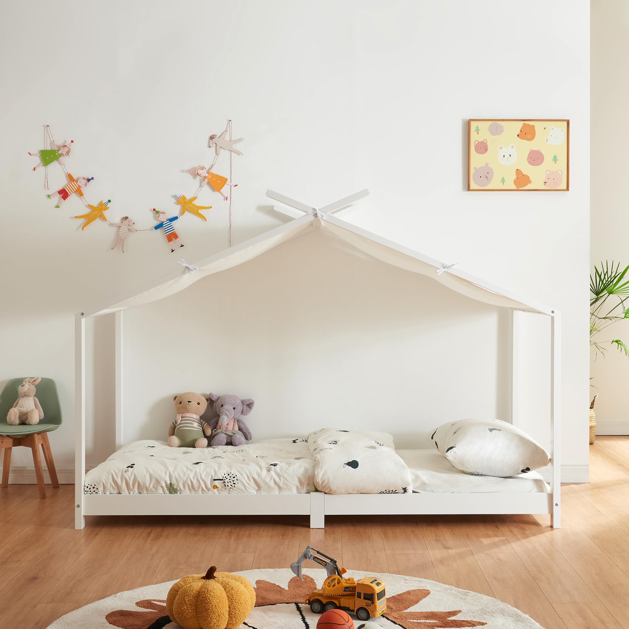[en.casa] Kinderbett Brome Hausbett 90 x 200 cm Jugendbett Bettenhaus mit Lattenrost und Abnehmbarem Stoffdach Montessori Bett aus massiver Kiefer Bettgestell Holz Weiß