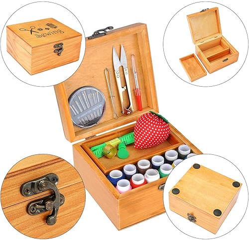 Miniatura 6 de Kit de costura, caja de madera para adultos, cesta de costura de madera con accesorios, kit de reparación de costura para principiantes, mujeres,