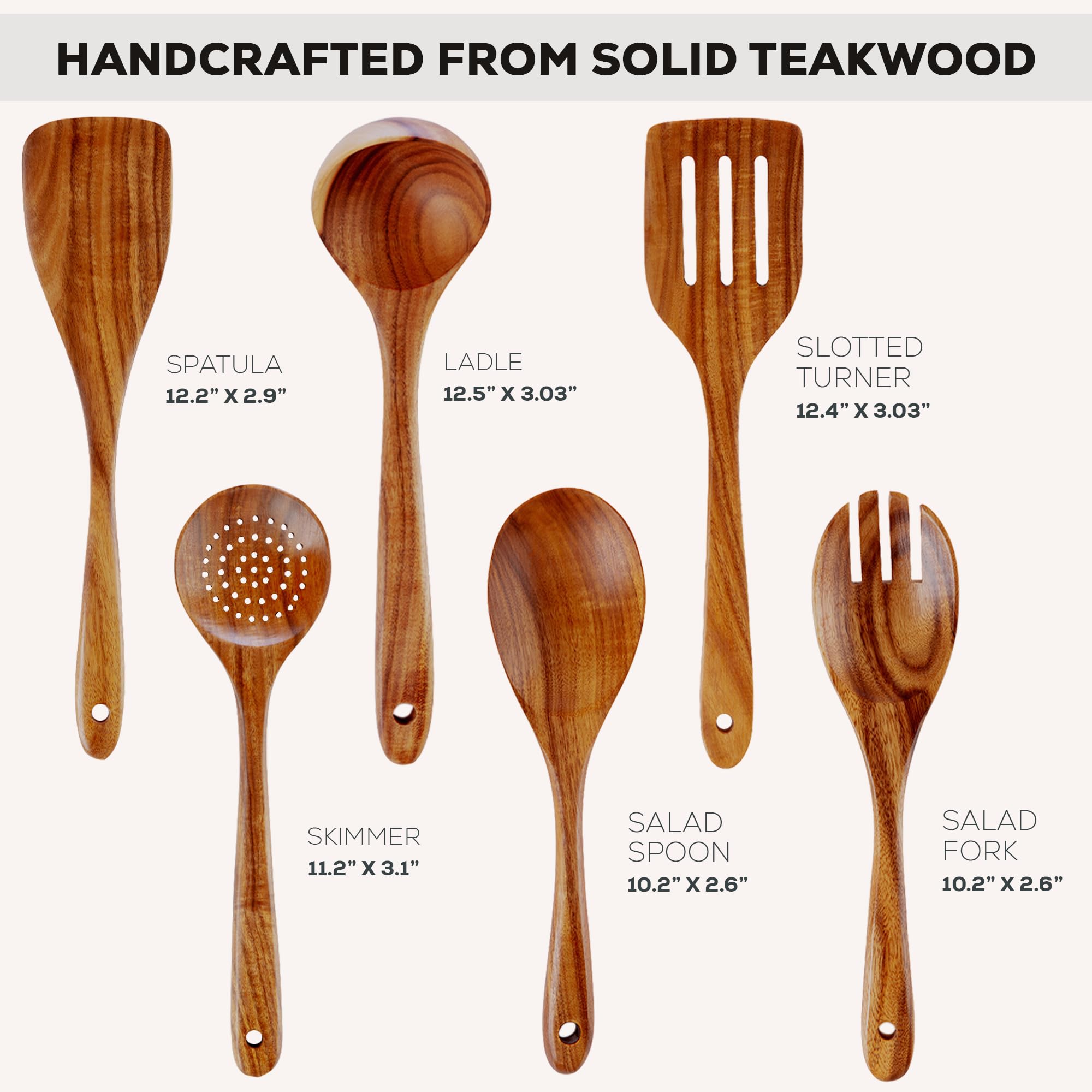 Zulay Kitchen Lot de 6 ustensiles de cuisine en bois extra-larges - Ustensiles de cuisson en teck lisse - Manche antidérapant non collant, spatule, écumoire, fourchette, cuillère de service
