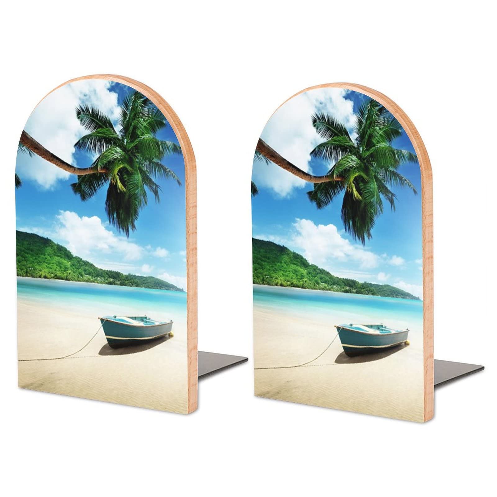 Seychelles Beach with Palm Trees Scenery Bookends Heavy Duty Book Stand 1 Pair for Home Office Shelves Decorative