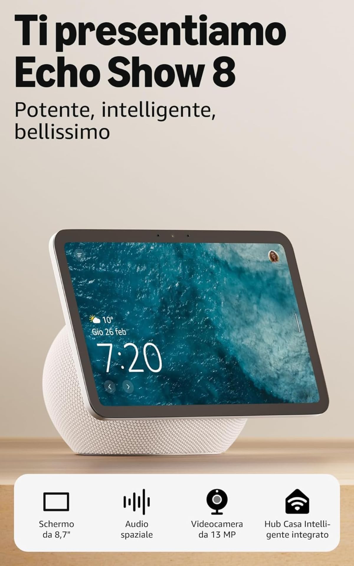 Amazon Echo Show 8 (ultimo modello), Bianco ghiaccio + Ring Videocitofono a batteria (ultimo modello), vedi i visitatori sul tuo Echo Show, con Accesso Anticipato ad Alexa+