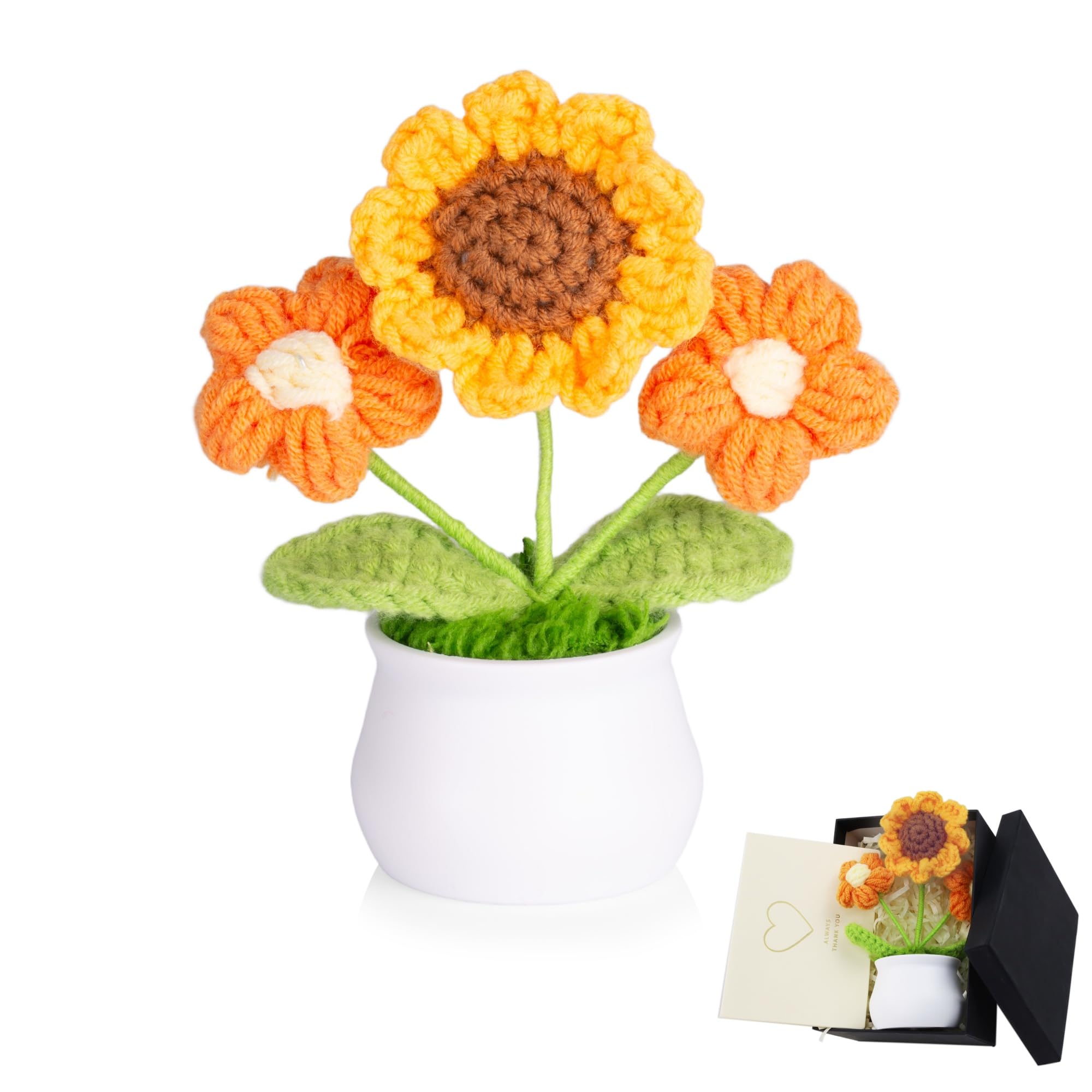 MAIBAOTA Sunflower Crochet Flower, 2026 Graduation Gifts, Handmade Knitted Potted Plant, Congratulations & Emotional Support Gift for Women, Good Luck Desk Decoration with Gift Box and Card