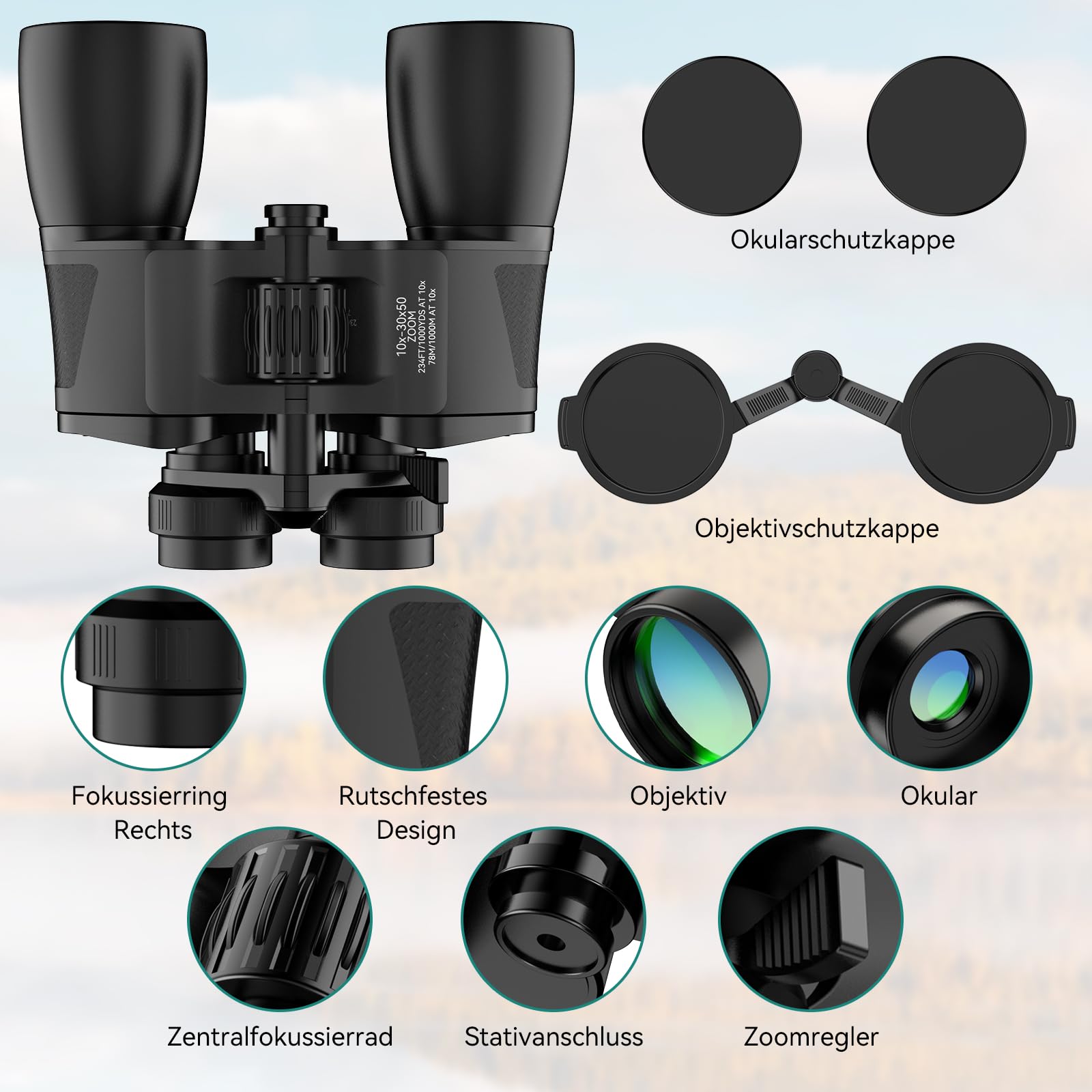 MLight 10-30x50 Zoom-Fernglas für Erwachsene, leistungsstarkes Fernglas für Vogelbeobachtung, Jagd, Outdoor, Wandern, Konzerte, großes Sichtfeld, BK7-Prisma, FMC, Nachtsicht bei schwachem Licht