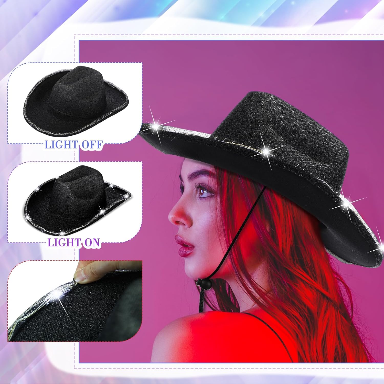 Kigeli 10 Pcs Lights LED Cowboy Cowgirl Hat LED Flashing Hat Cowgirl Hat for Western Cowboy Role Play(Silver,Sequin) - Image 3