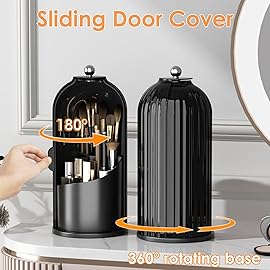 YOOLENS Makeup Brush Holder with Lid 360 Rotating Clear Dustproof Make Up Organizers for Vanity Bathroom Countertop, Black