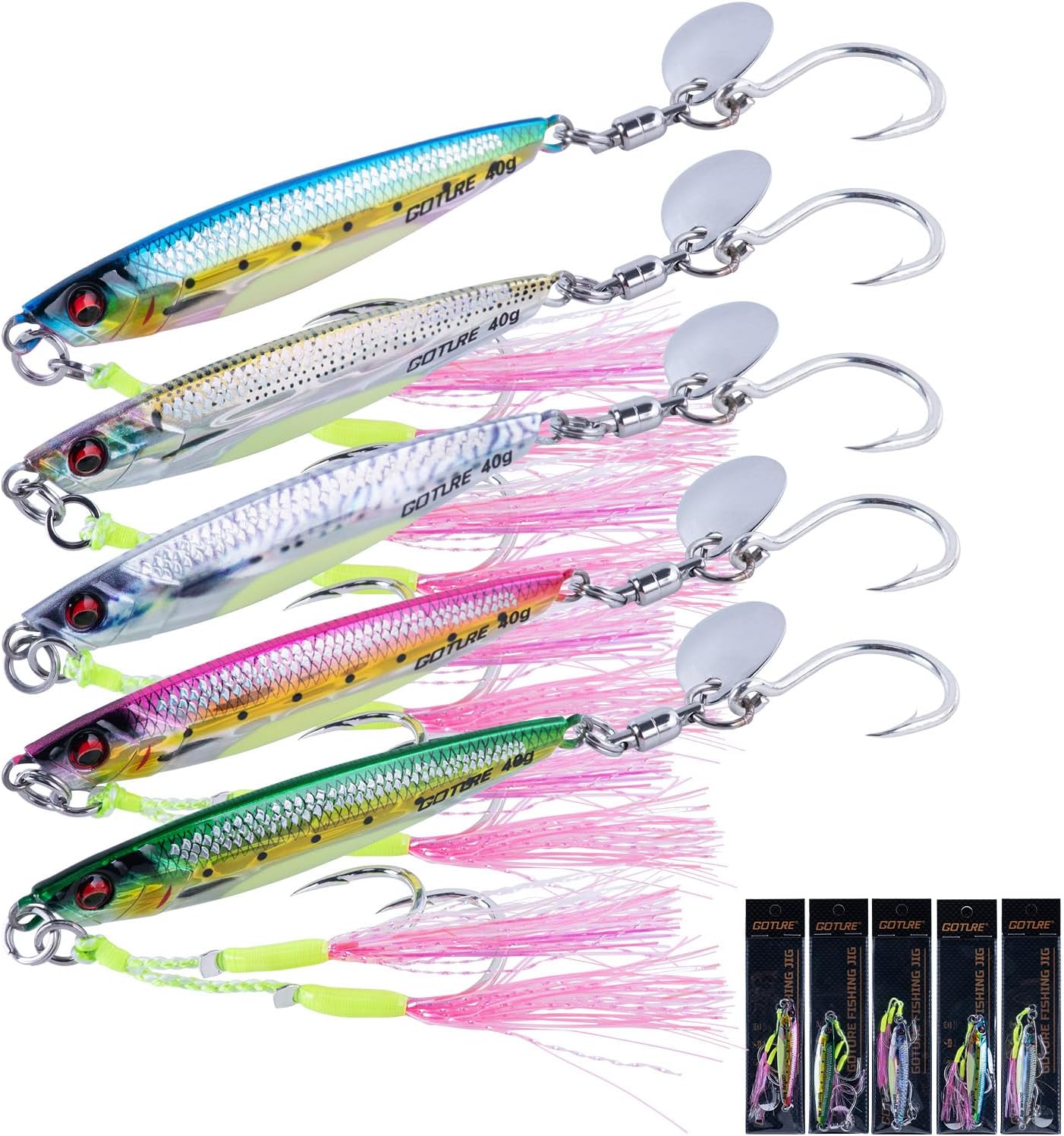 Goture Fishing Jigs, 40g 60g 80g Vertical Jig Saltwater Freshwater, Jig Fishing Lures with Assist Hook and Treble Hook, 5PCS Jigging Spoon Lures, Speed Fast Fall Jigs for Tuna,Salmon,Bass