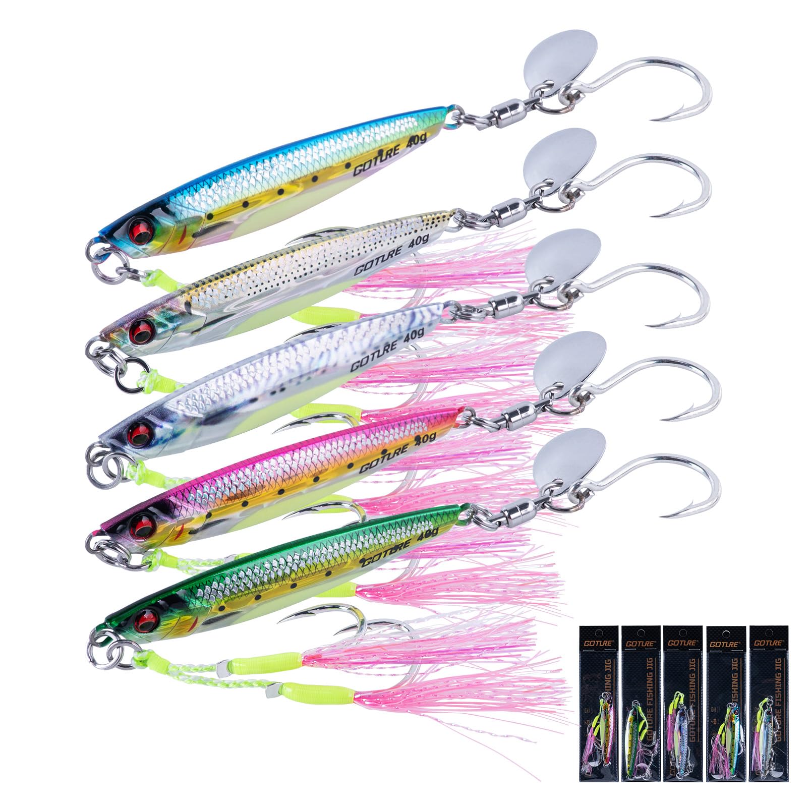 Goture Fishing Jigs, 40g Vertical Jig Wide-body, Jig Fishing Lures with Double Assist Hooks and Spinner Blade, 5Pcs Jigging Spoon Lures, Speed Fast Fall Jigs for Bass, Pollack, Cod