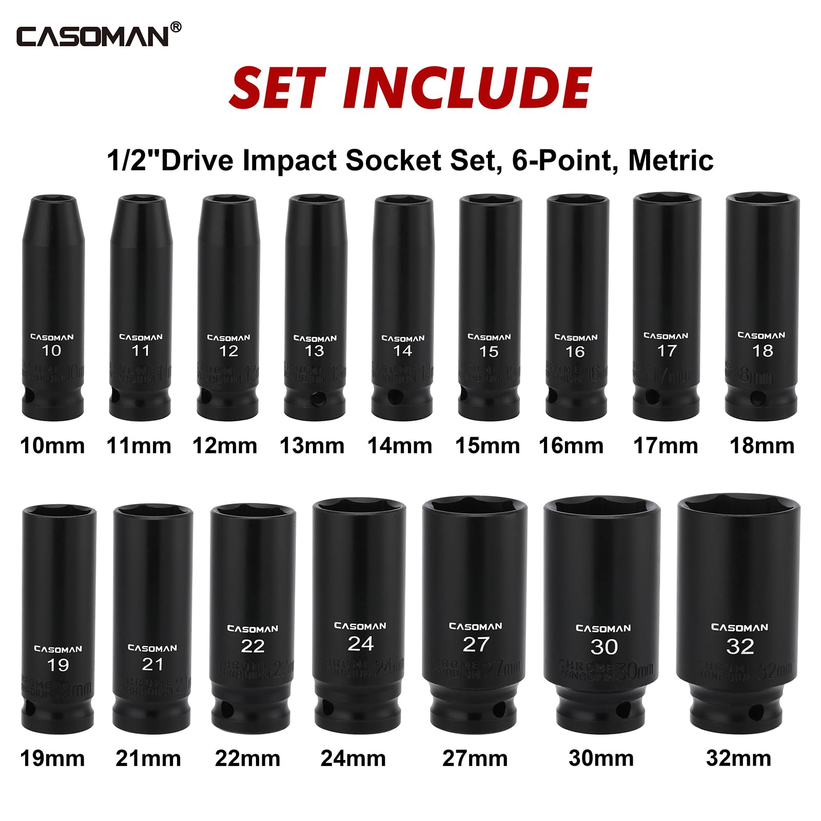 CASOMAN 16 PCS 1/2-Inch Drive Metric Impact Socket Set, 10 to 32mm, 6-Point Deep Impact Sockets, CR-V, 16-Piece (10mm - 32mm) - Image 2