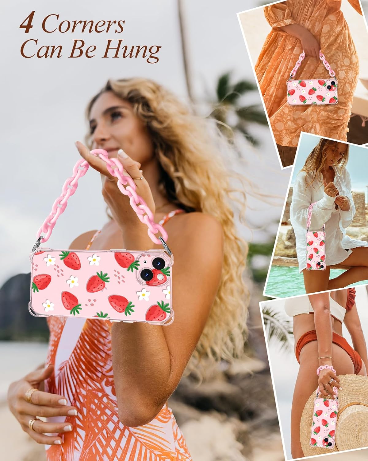 Toycamp for iPhone 13 Case with Strap for Women - Cute Funny Girls Girly Strawberry Pattern Design for iPhone 13 Case with Wrist Lanyards Four Corners Flexible Hang Style image 3